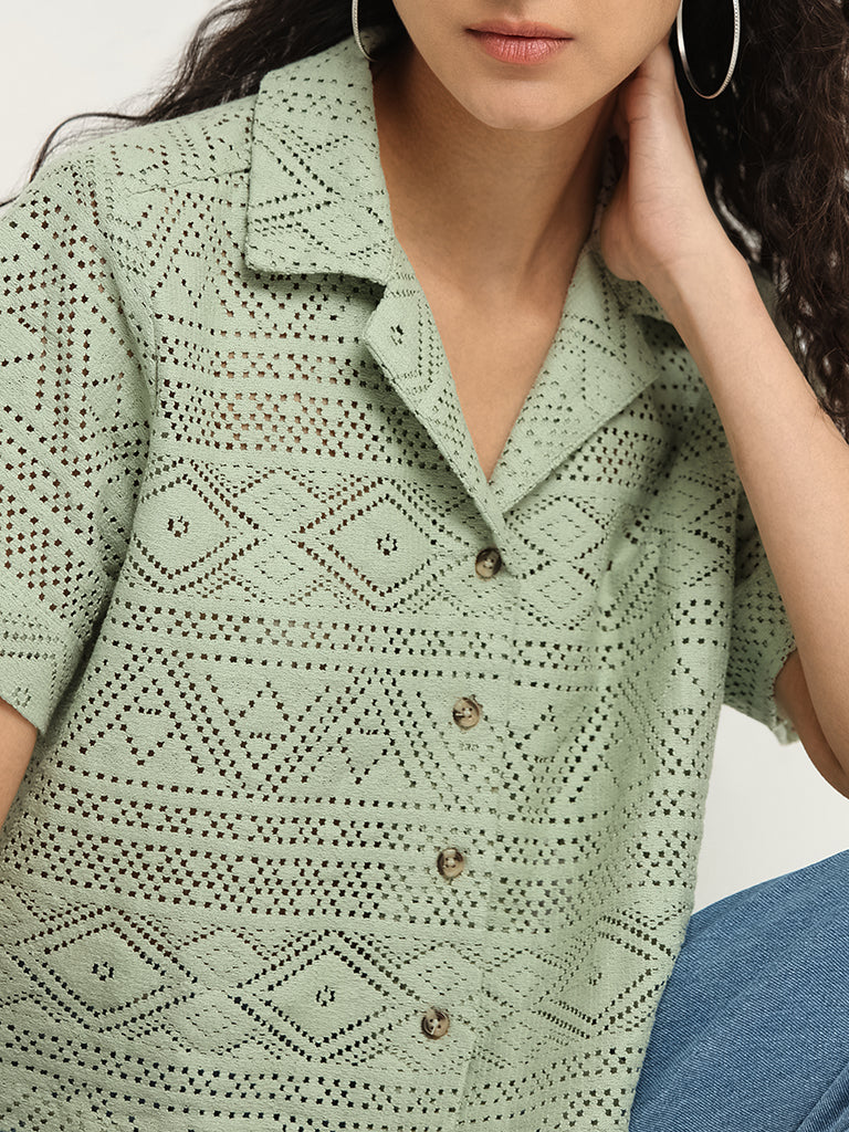 Bombay Paisley Green Mesh Cotton Blend Crop Shirt