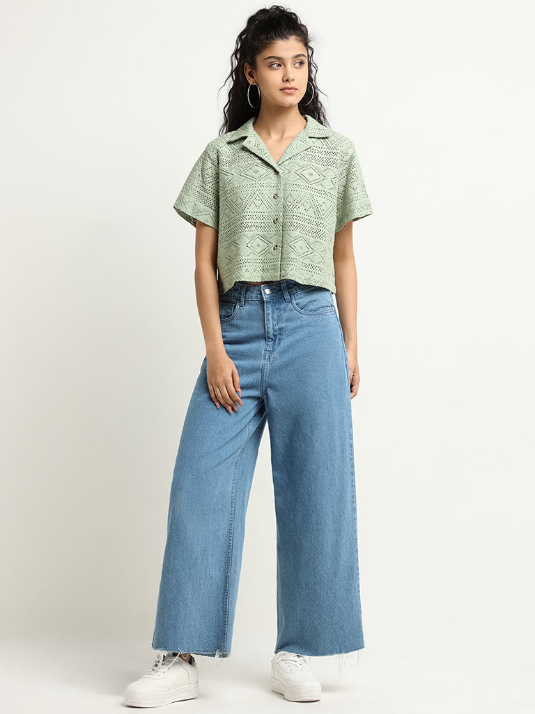 Bombay Paisley Green Mesh Cotton Blend Crop Shirt