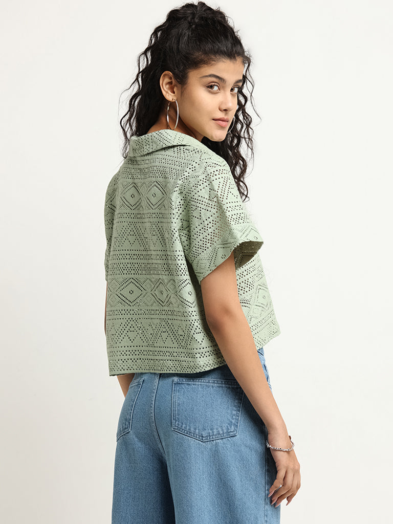 Bombay Paisley Green Mesh Cotton Blend Crop Shirt