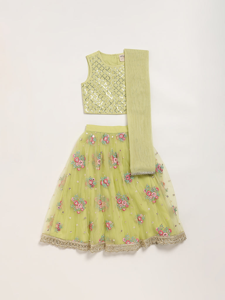 Utsa Kids Lime Mesh Embroidered Top, Ghagra & Dupatta Set (2 - 8yrs)