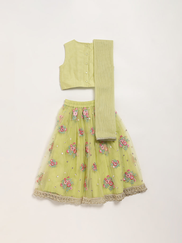 Utsa Kids Lime Mesh Embroidered Top, Ghagra & Dupatta Set (2 - 8yrs)