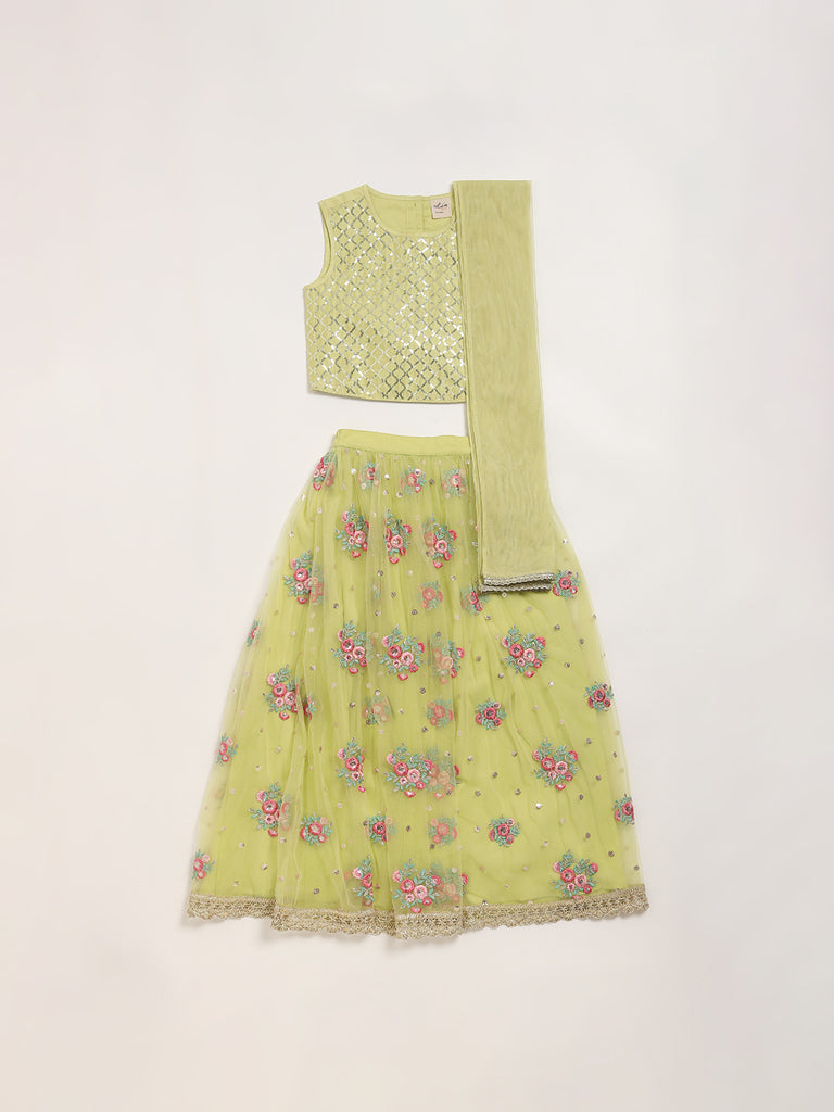 Utsa Kids Lime Mesh Embroidered Top, Ghagra & Dupatta Set (8 -14yrs)