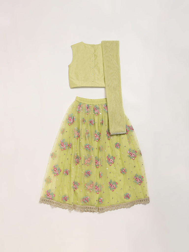 Utsa Kids Lime Mesh Embroidered Top, Ghagra & Dupatta Set (8 -14yrs)