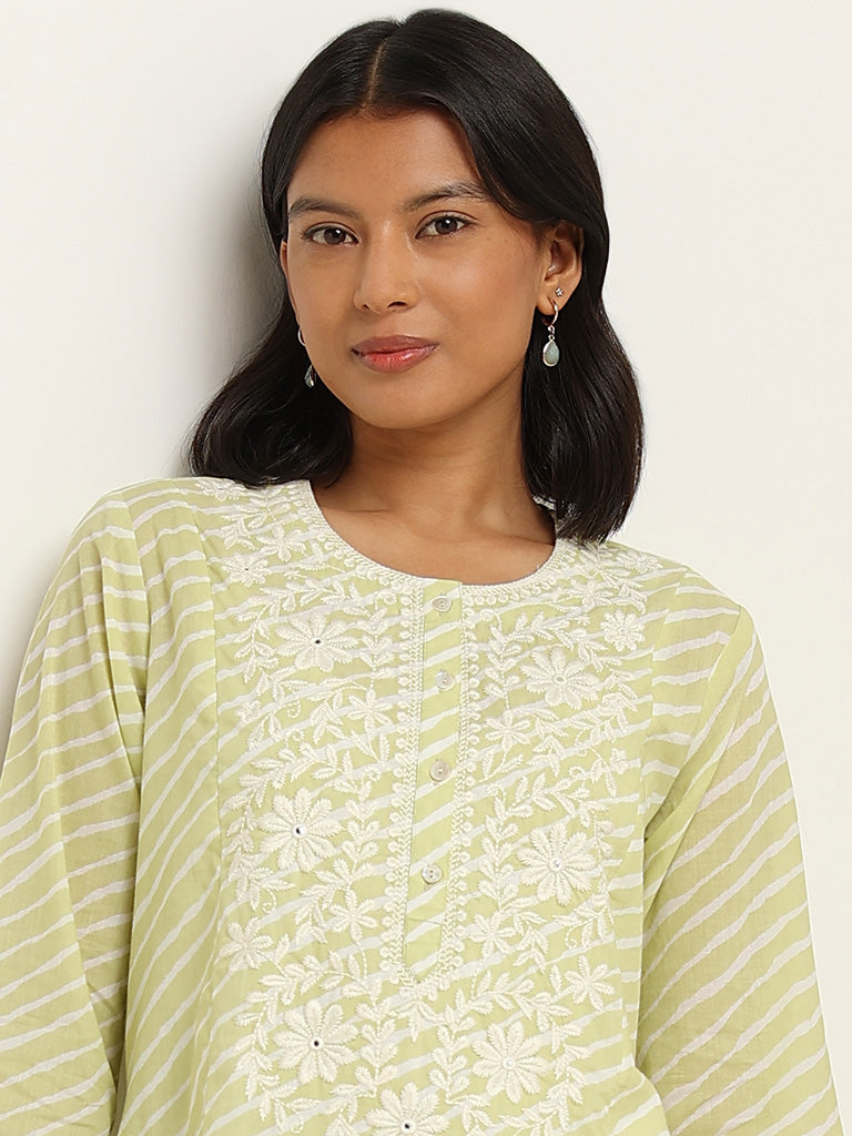 Utsa Green Floral Embroidered Cotton A-Line Kurta