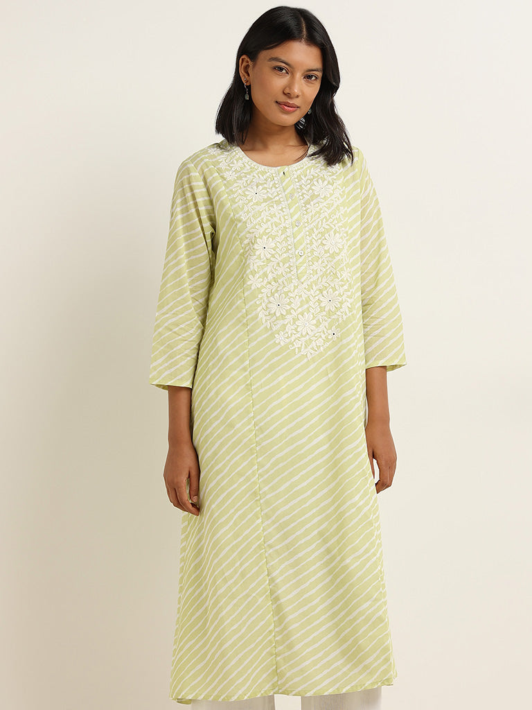 Utsa Green Floral Embroidered Cotton A-Line Kurta