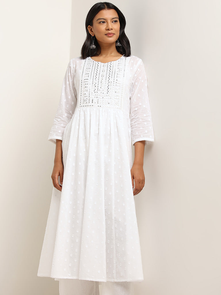 Utsa White Mirror Embroidered A-line Kurta