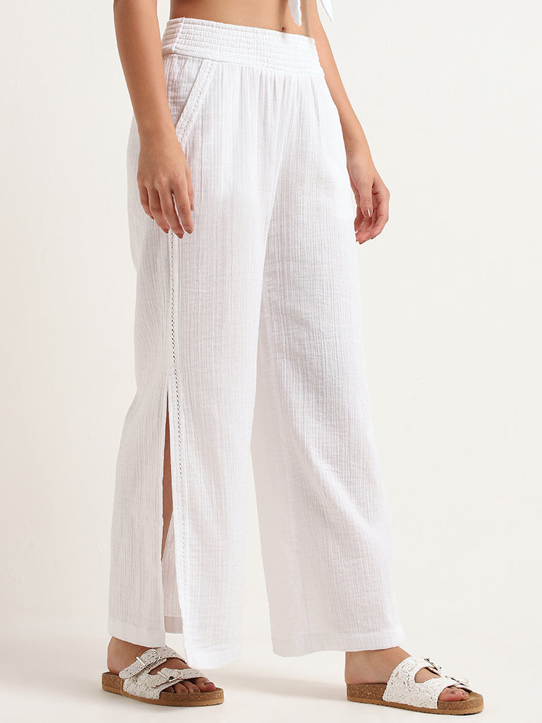 Wunderlove White Cotton Crinkled Relaxed Slit Beach Pants