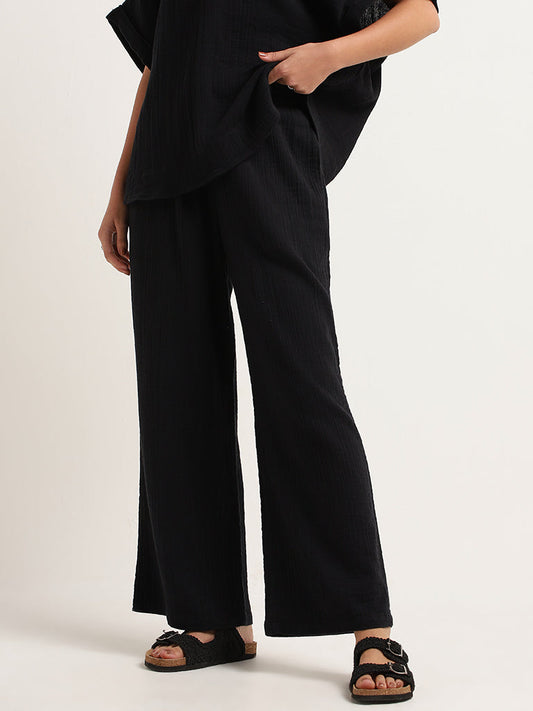 Wunderlove Black Cotton Crinkled Relaxed Beach Pants