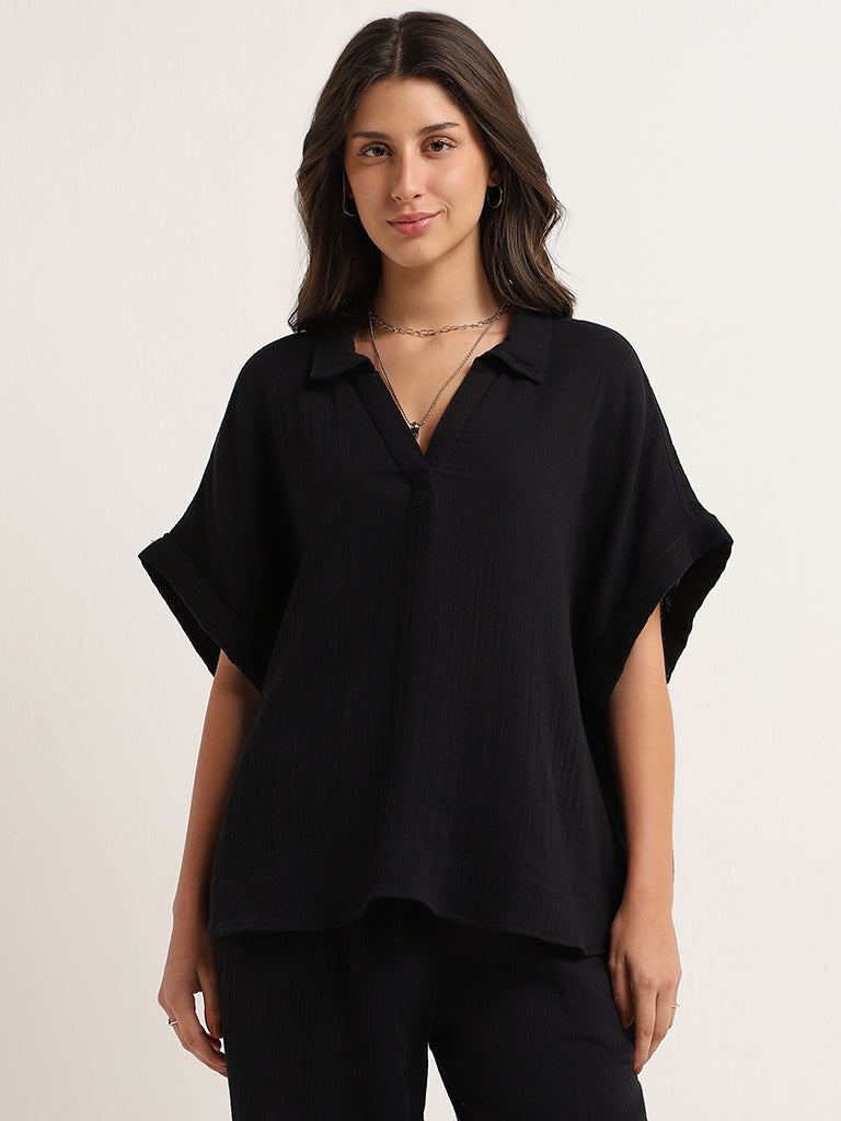 Wunderlove Black Cotton Crinkled Relaxed Beach Top