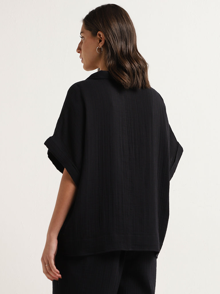 Wunderlove Black Cotton Crinkled Relaxed Beach Top