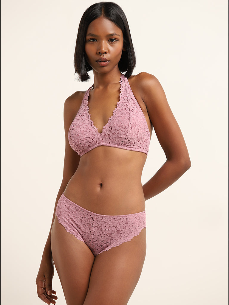 Superstar Dusty Pink Lace Design Halter Neck Bra