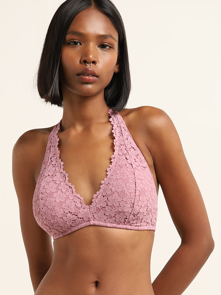 Superstar Dusty Pink Lace Design Halter Neck Bra