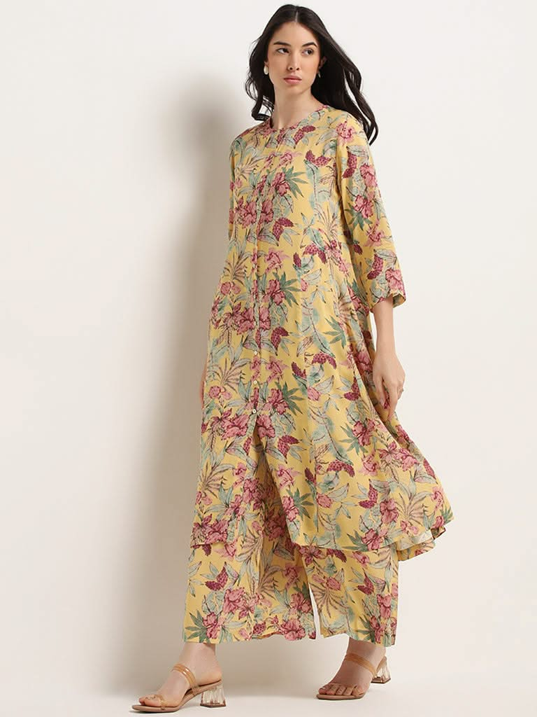 Zuba Yellow Floral Design A-line Kurta