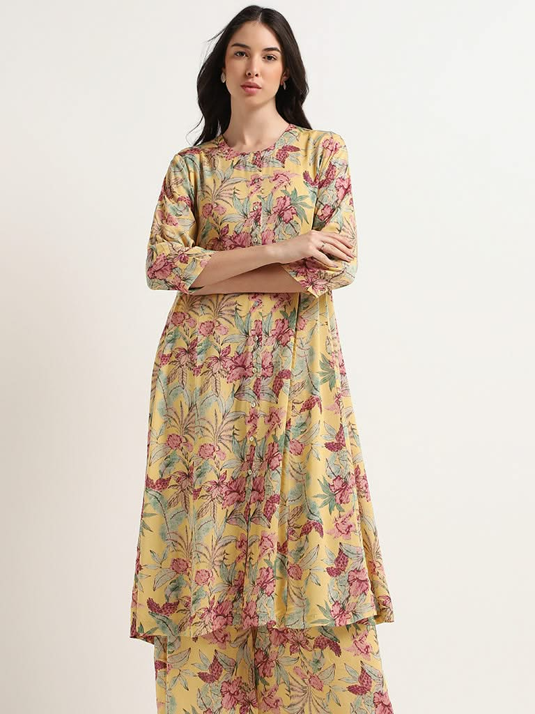 Zuba Yellow Floral Design A-line Kurta