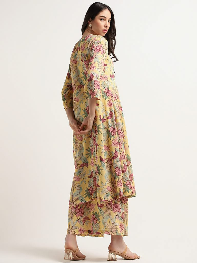 Zuba Yellow Floral Design A-line Kurta