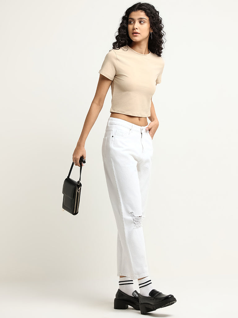 Nuon Beige Solid Cotton Blend Crop T-Shirt