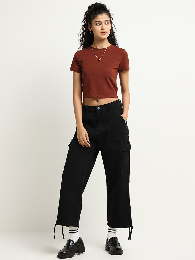 Nuon Brown Solid Cotton Blend Crop T-Shirt