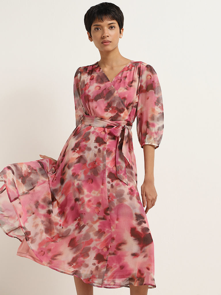 Wardrobe Pink Tie-Dye A-Line Dress with Belt