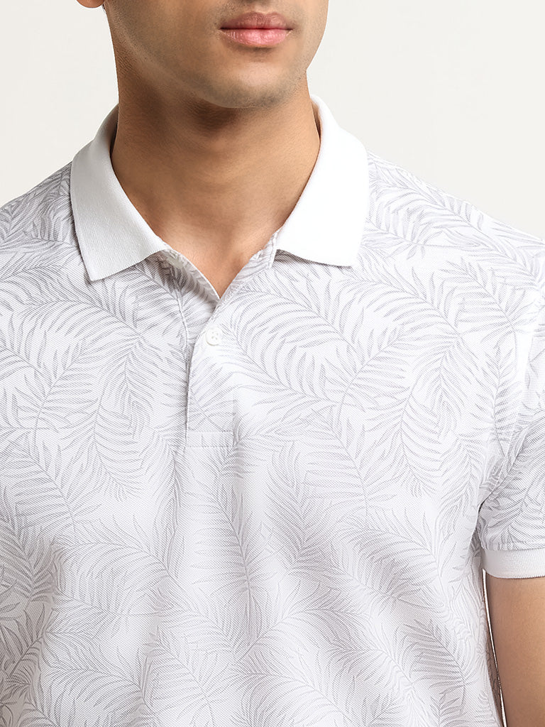 WES Casuals Light Grey Leaf Design Cotton Blend Slim Fit Polo T-Shirt