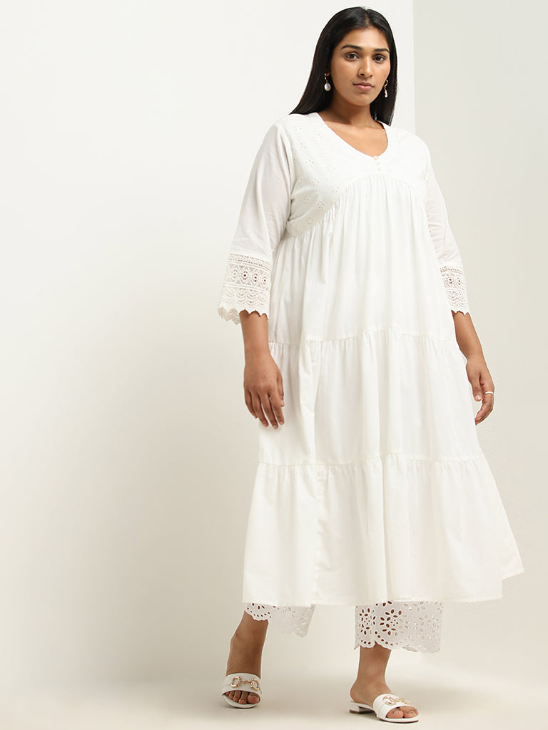 Diza White Schiffli Design Fit-and-Flare Cotton Kurta