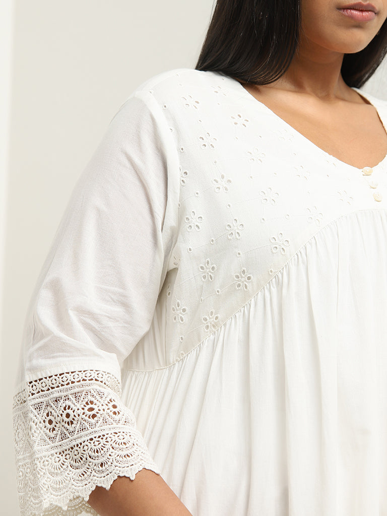 Diza White Schiffli Design Fit-and-Flare Cotton Kurta