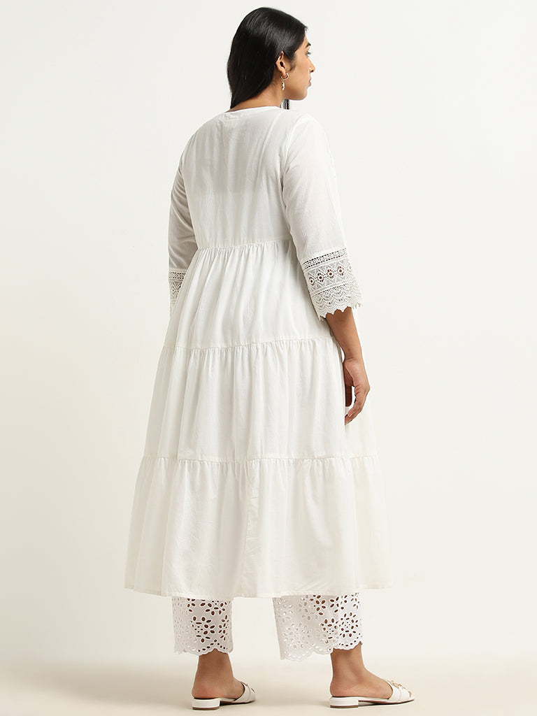 Diza White Schiffli Design Fit-and-Flare Cotton Kurta