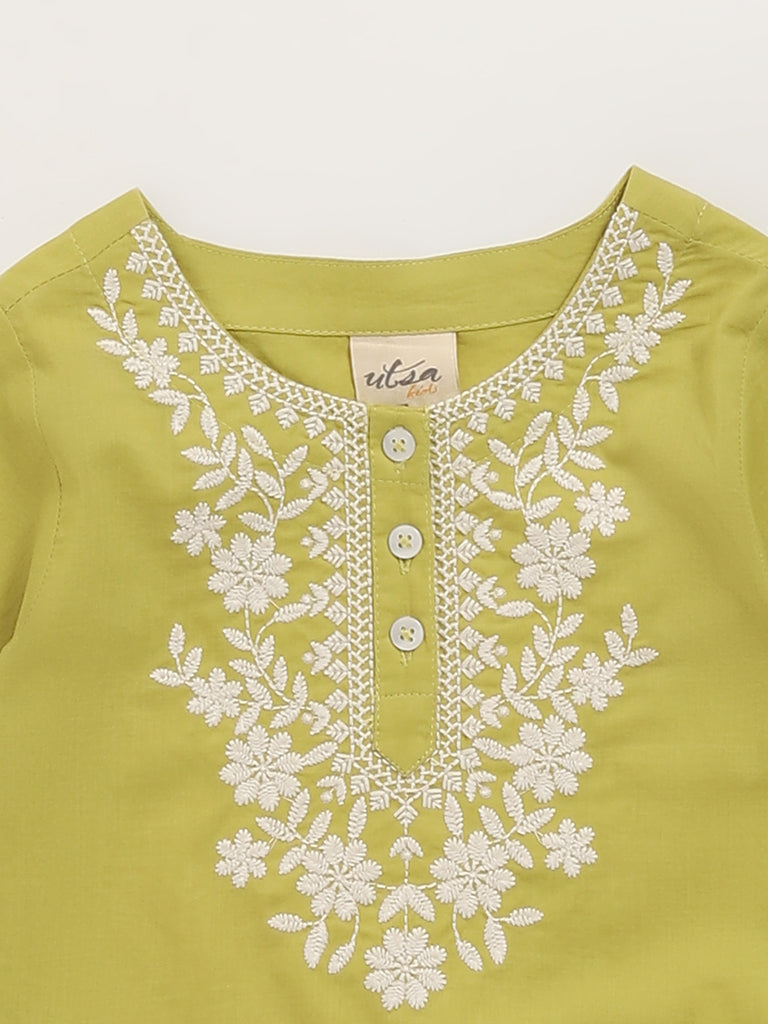 Utsa Kids Lime Floral Embroidered Kurti (2 - 8yrs)