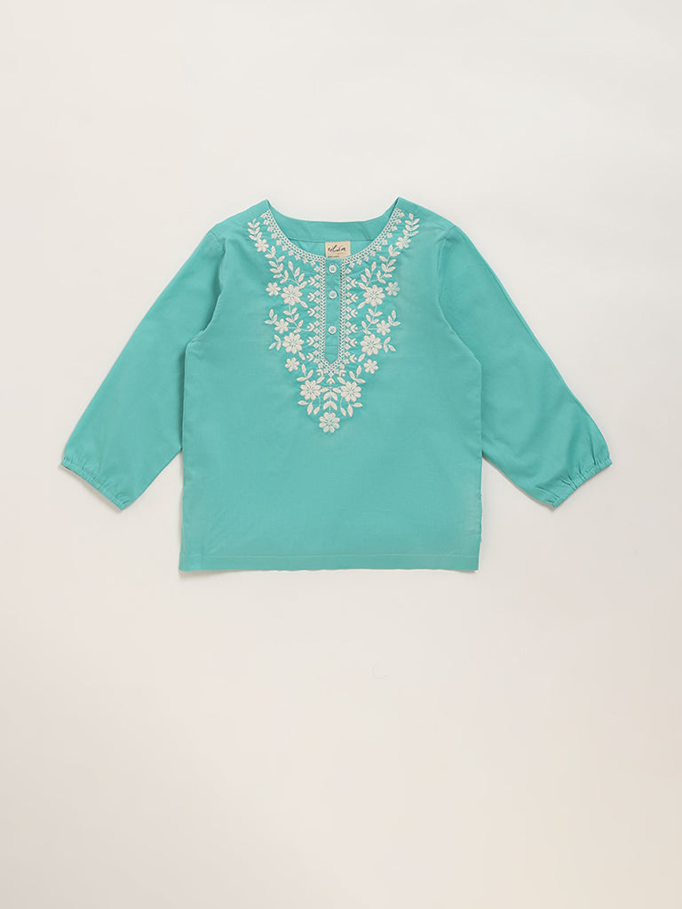 Utsa Kids Teal Embroidered Design Kurti (2 - 8yrs)