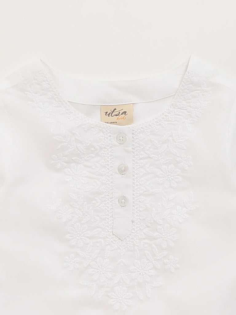 Utsa Kids White Floral Embroidered Kurti (2 - 8yrs)