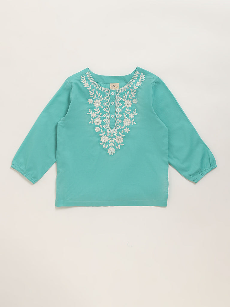 Utsa Kids Teal Floral Embroidered Kurti (8 -14yrs)