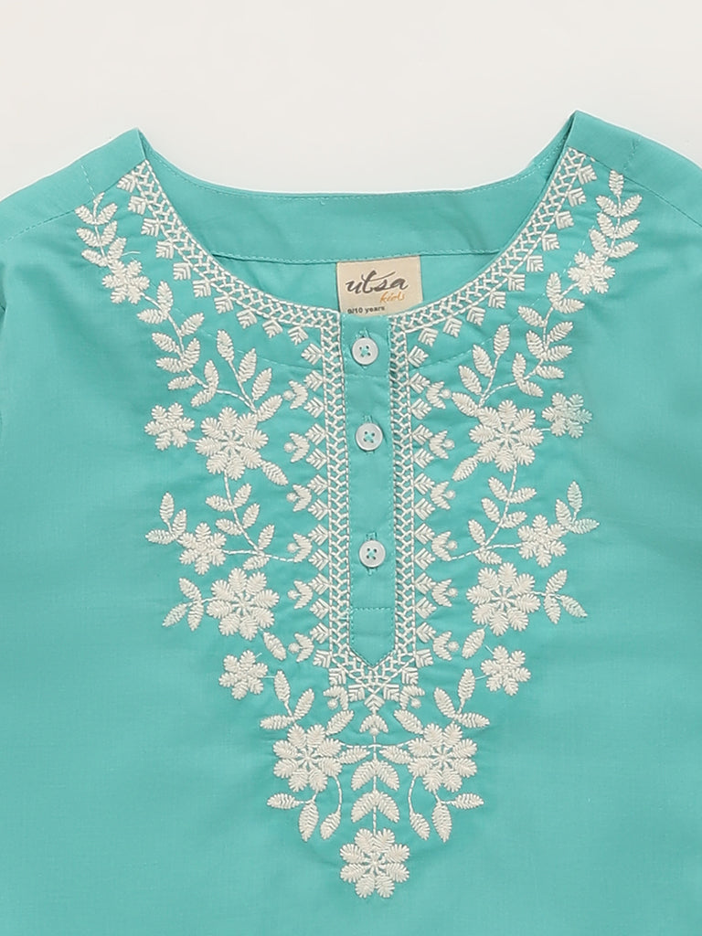 Utsa Kids Teal Floral Embroidered Kurti (8 -14yrs)