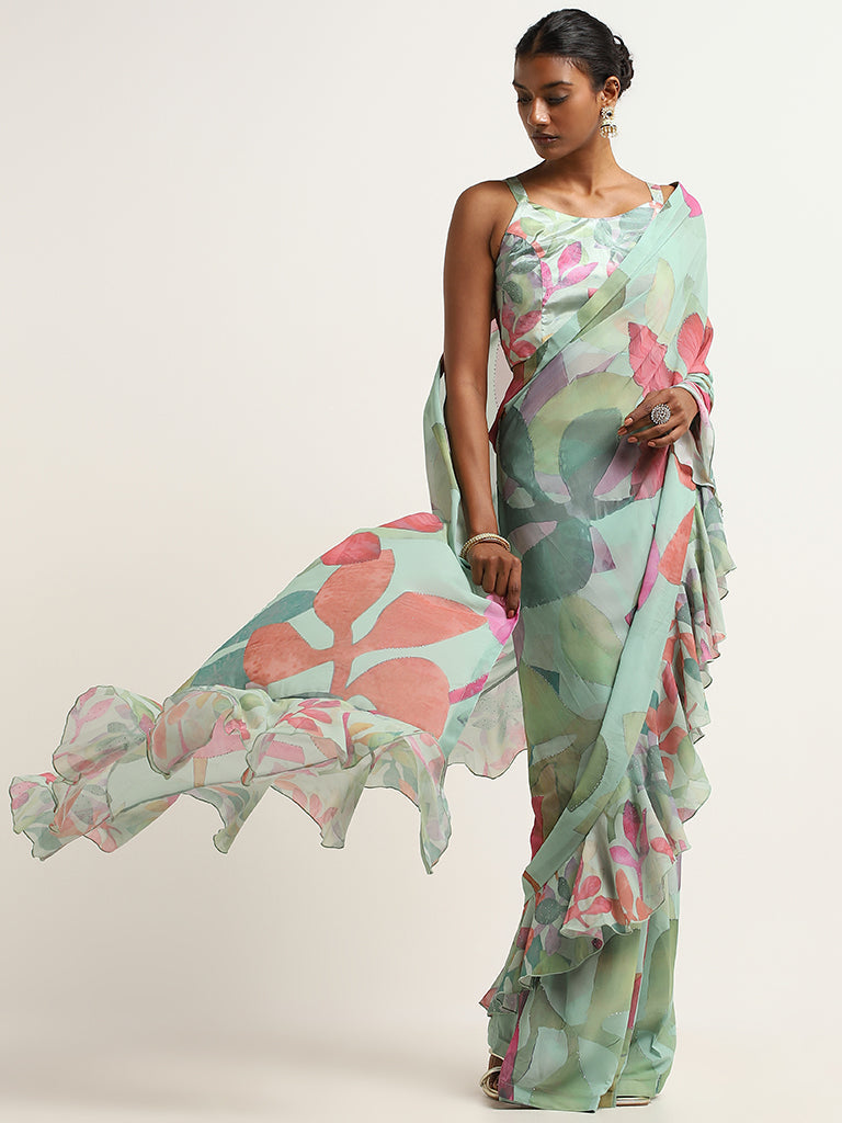 Vark Green Printed Ruffle Saree with Blouse