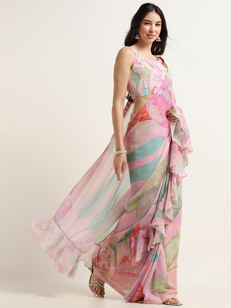 Vark Pastel Pink Ruffled Saree with Blouse