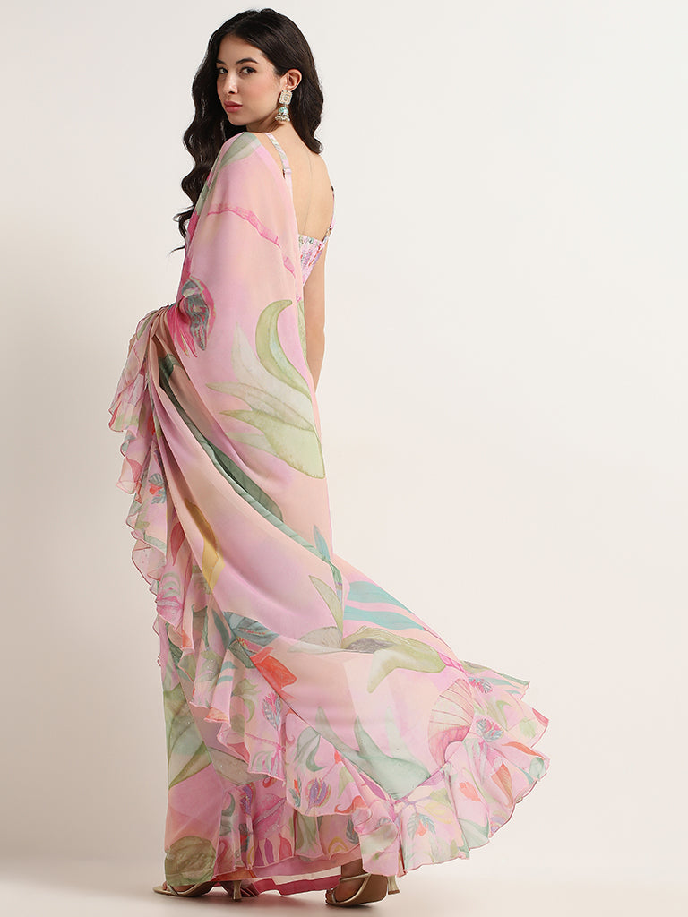 Vark Pastel Pink Ruffled Saree with Blouse