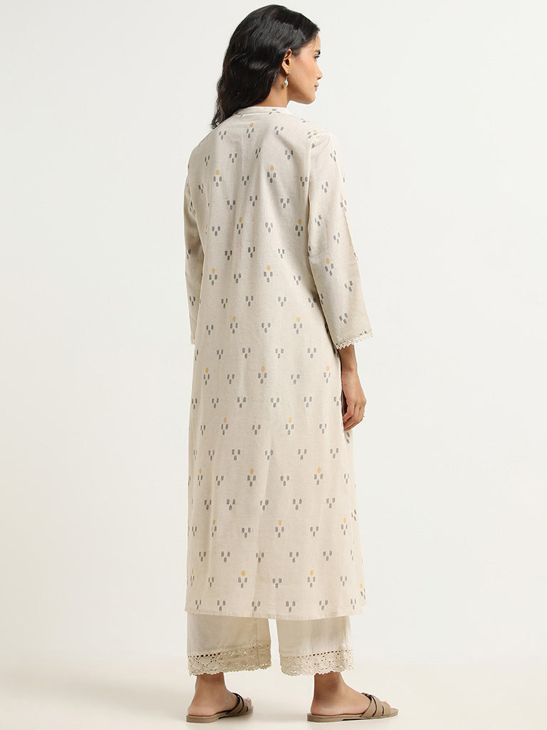 Utsa Beige Ikat Printed Cotton A-Line Kurta