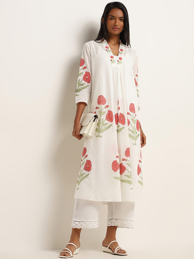 Utsa Pink Floral Cotton A-Line Kurta