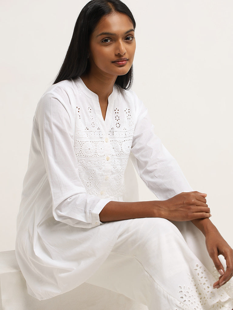 Utsa White Schiffli Design Cotton A-Line Kurti