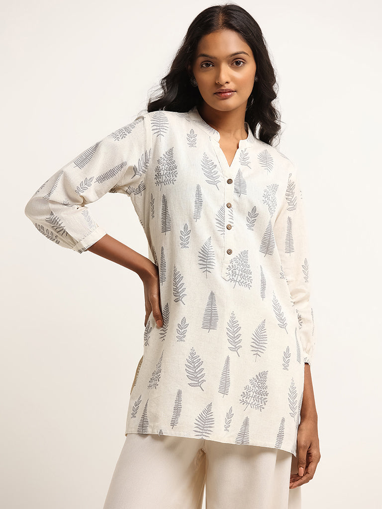 Utsa Off-White Straight Fit Leaf Print Cotton Kurti