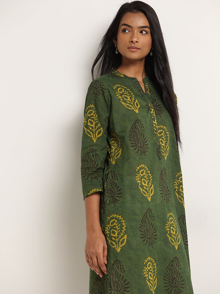 Utsa Green Straight Fit Printed Cotton Kurta