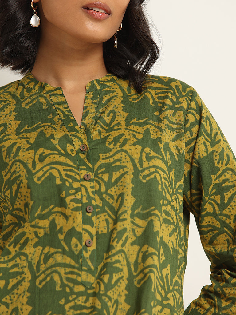 Utsa Green Straight Fit Printed Cotton Kurta