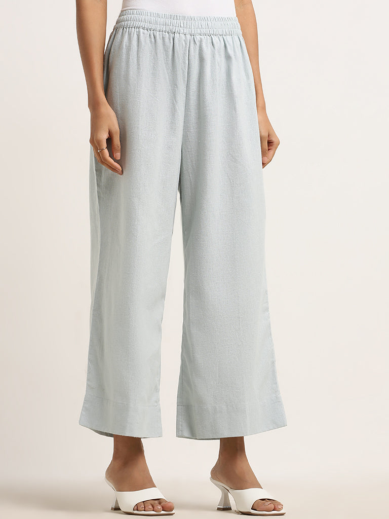 Zuba Light Blue Mid-Rise Cotton Palazzos