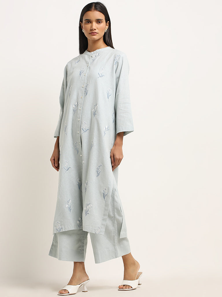 Zuba Light Blue Mid-Rise Cotton Palazzos