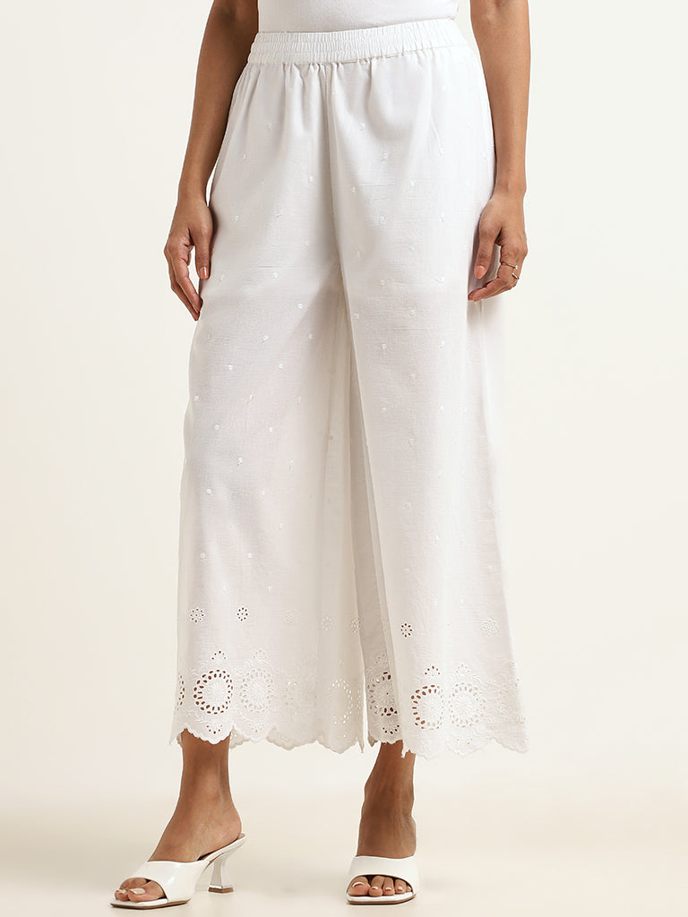 Zuba White Cotton Schiffli Pants