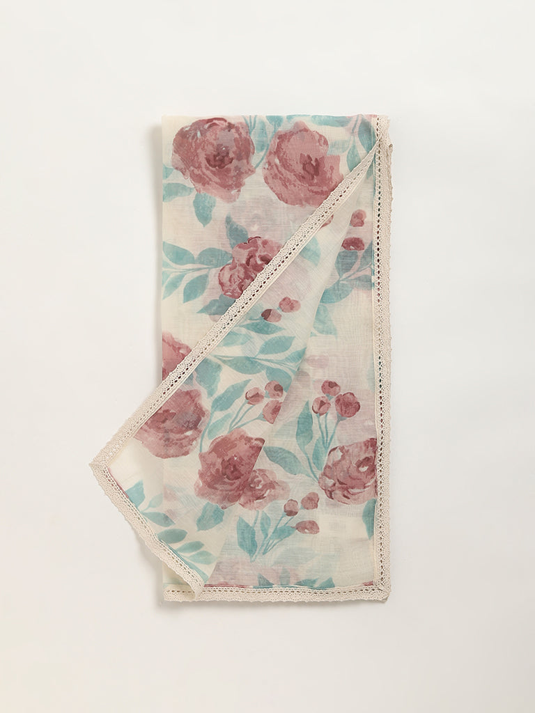 Zuba Off-White Floral Print Cotton Blend Dupatta