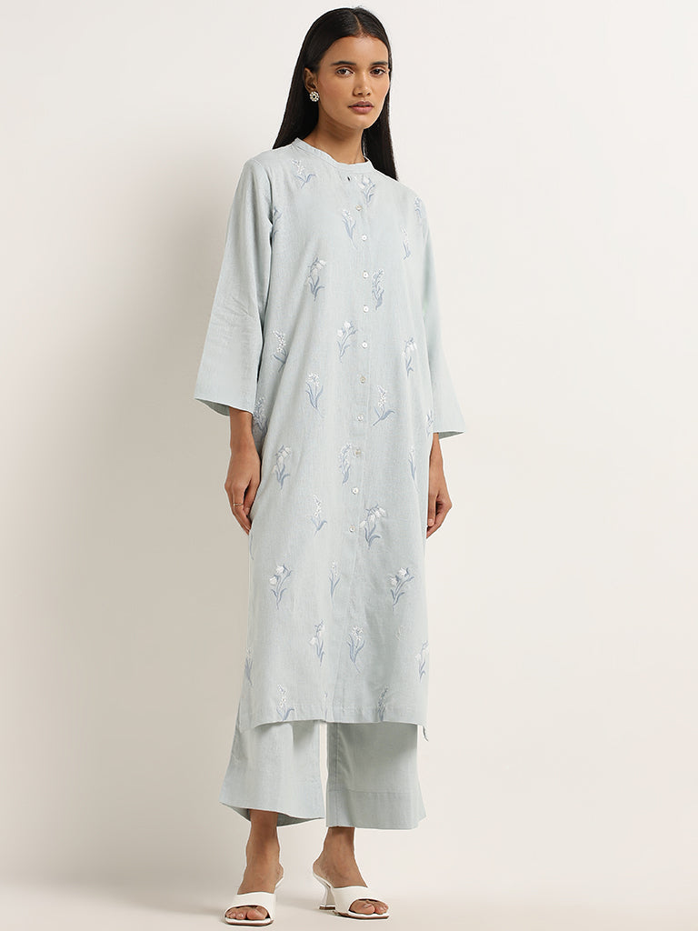 Zuba Light Blue Floral Embroidered A-Line Cotton Kurta