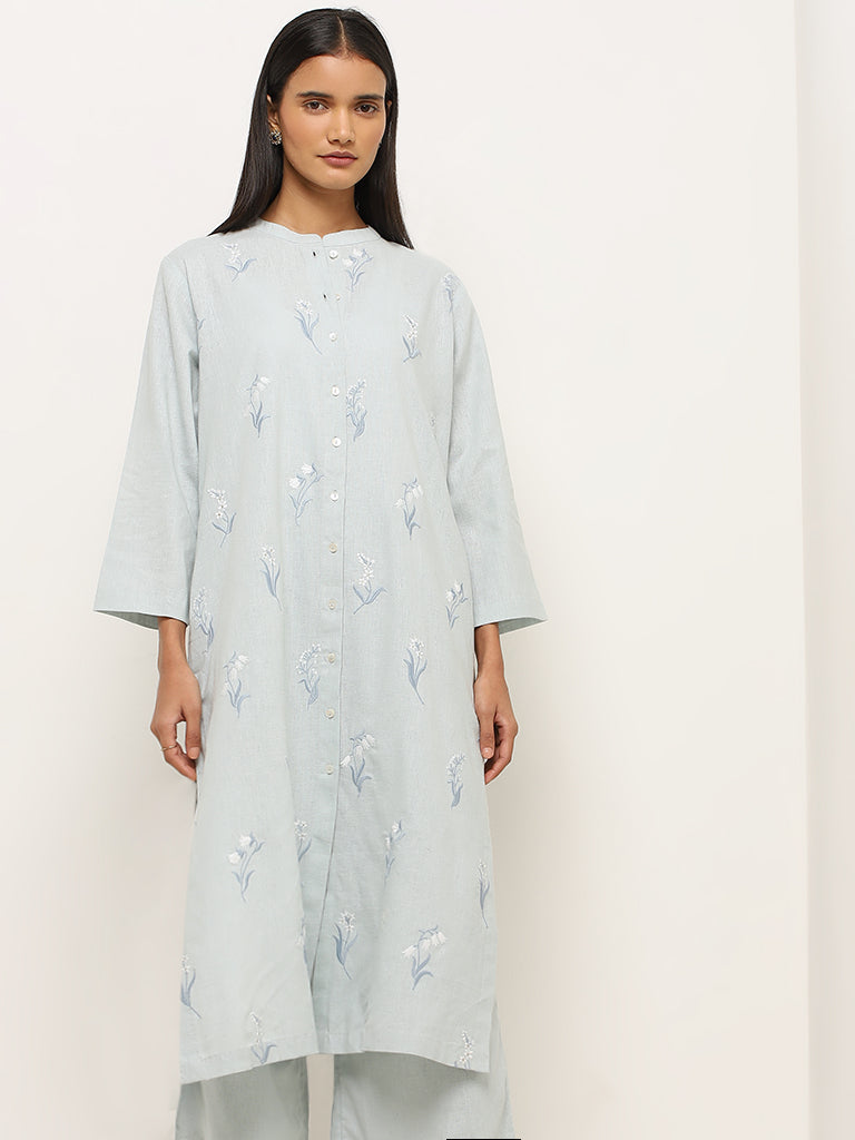 Zuba Light Blue Floral Embroidered A-Line Cotton Kurta