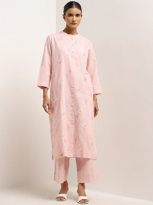 Zuba Pink Floral Embroidered A-Line Cotton Kurta