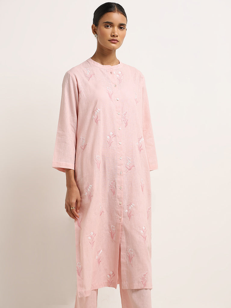 Zuba Pink Floral Embroidered A-Line Cotton Kurta