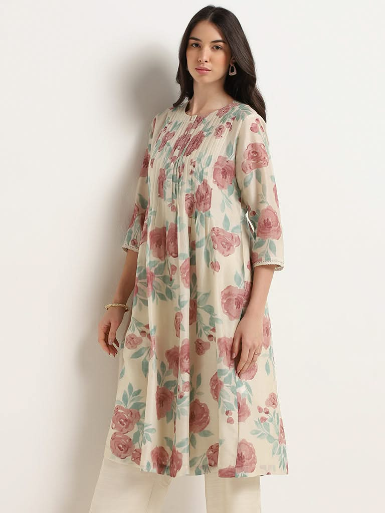 Zuba Dusty Pink Floral Cotton Blend A-Line Kurta