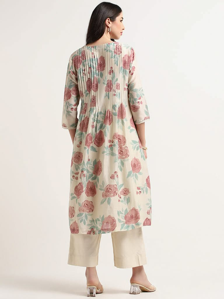 Zuba Dusty Pink Floral Cotton Blend A-Line Kurta